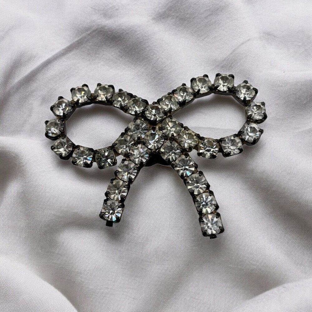Icy Clear Rhinestone Bow Ribbon Vintage Silver Tone Metal‎ Shoe Clip ~1 Only~